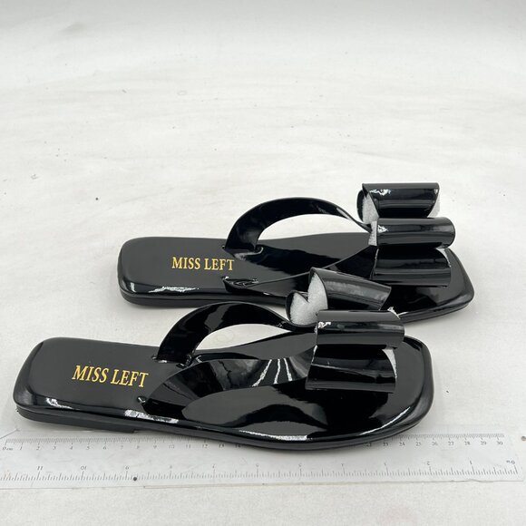 Miss left Black Open Square Toe Flip Flops Double Bowknots Slip On Thong Sandals - Picture 4 of 8